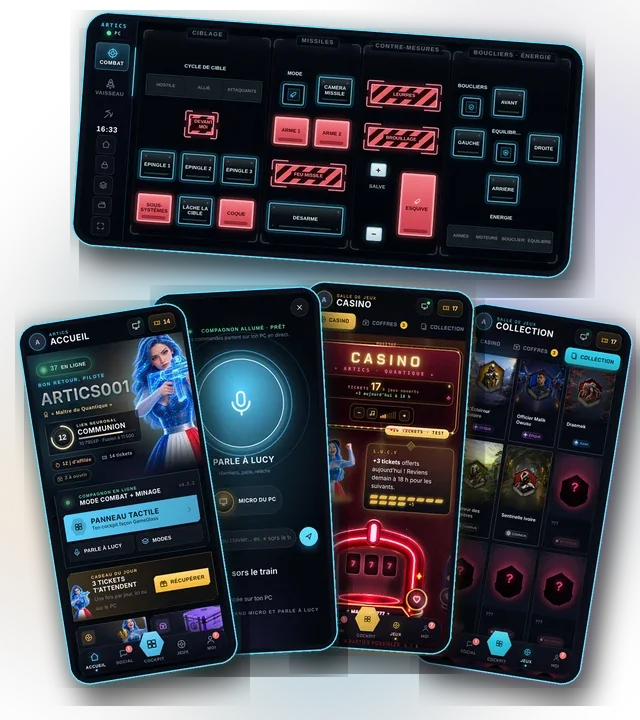 Aperçu de l'appli mobile : accueil, micro, casino, collection