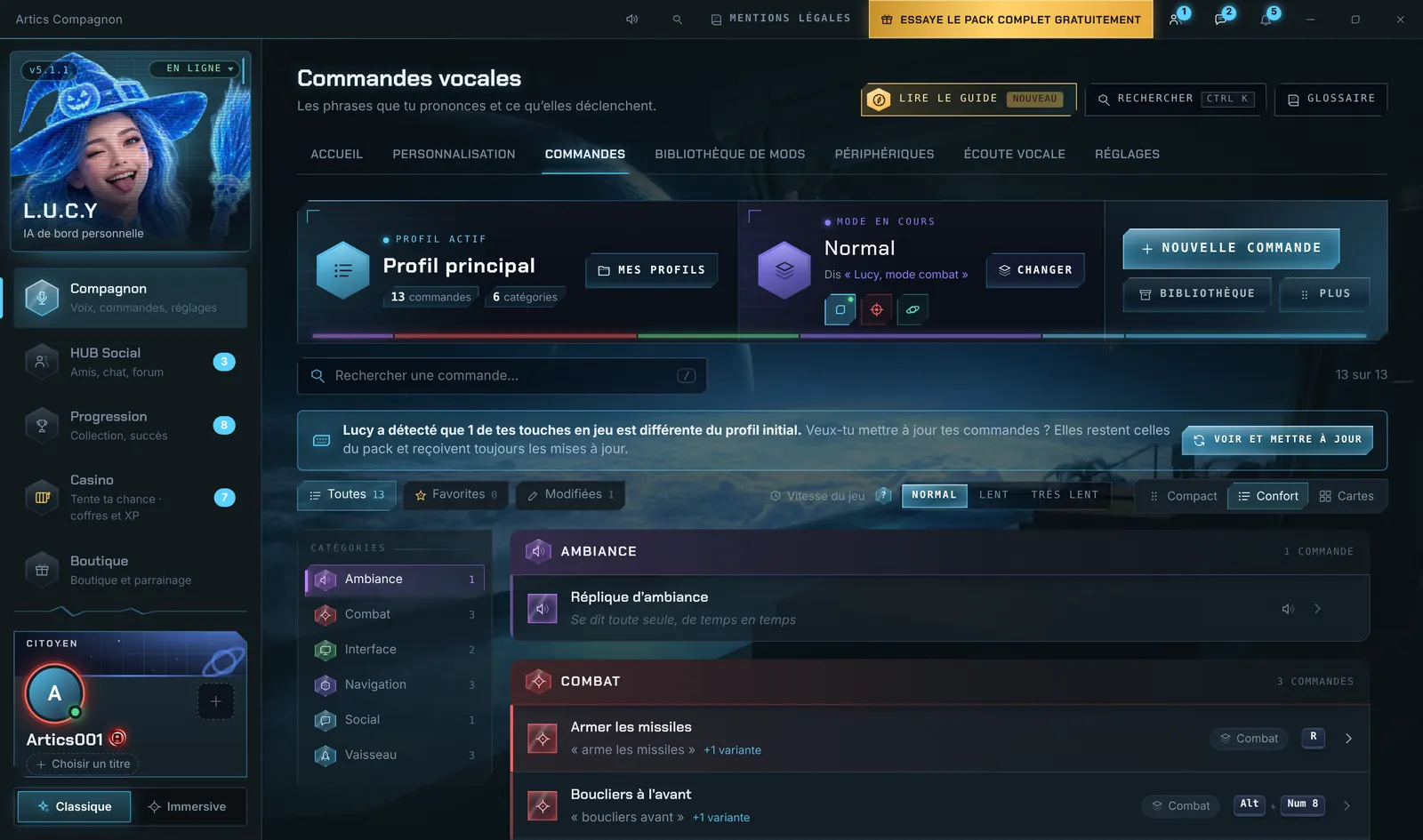La page Commandes vocales, rangées par catégorie