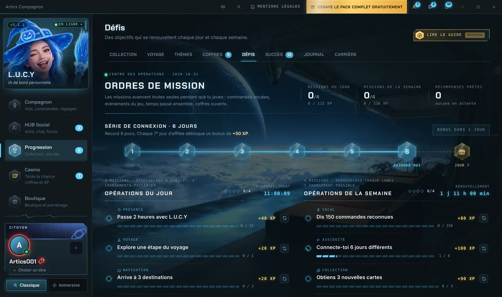 Ordres de mission : défis du jour et de la semaine, série de connexion
