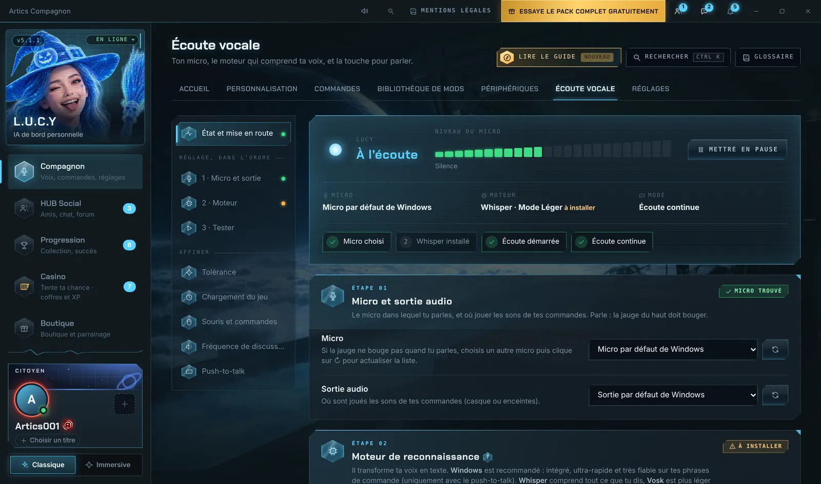 La page Écoute vocale : micro, moteur de reconnaissance et push-to-talk