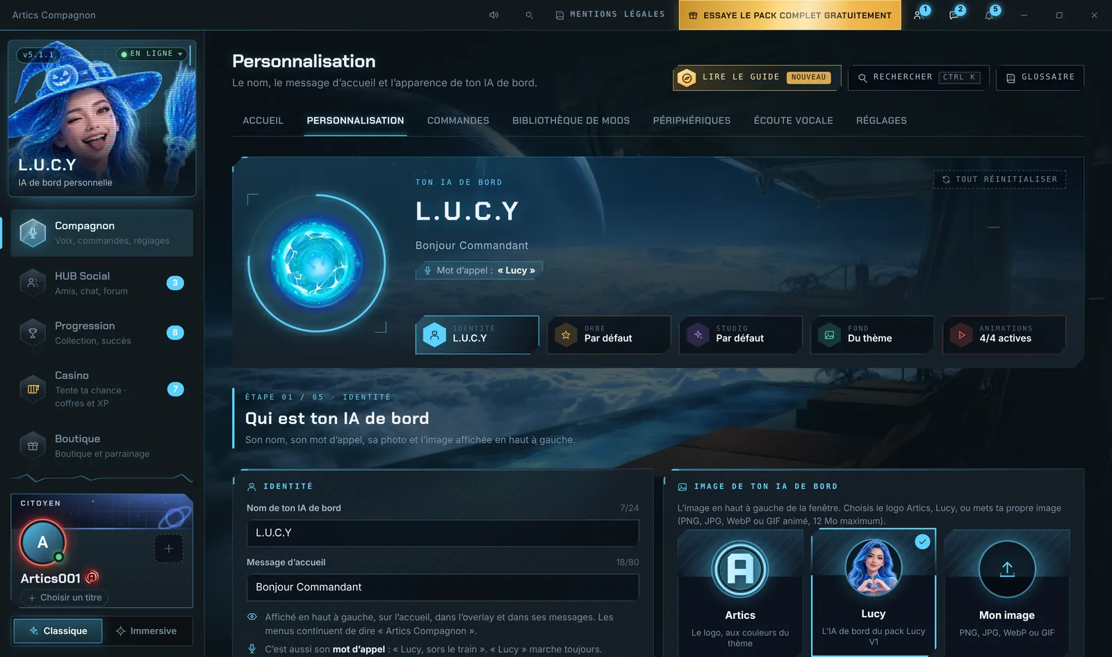 La page Personnalisation : nom, mot d'appel et image de l'IA de bord