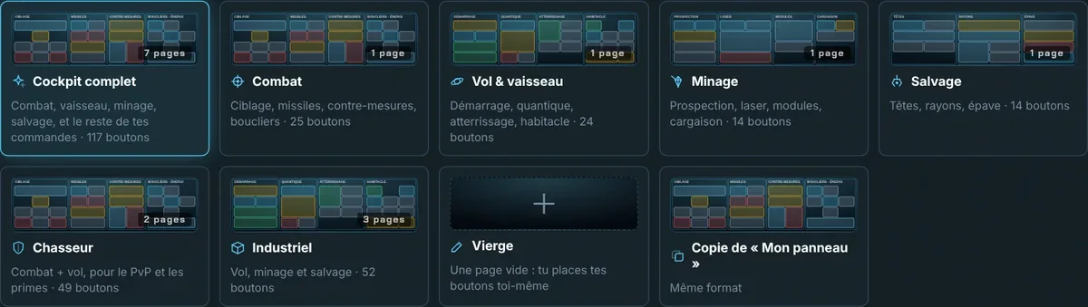 Galerie de modèles : cockpit complet, combat, vol, minage, salvage, chasseur, industriel