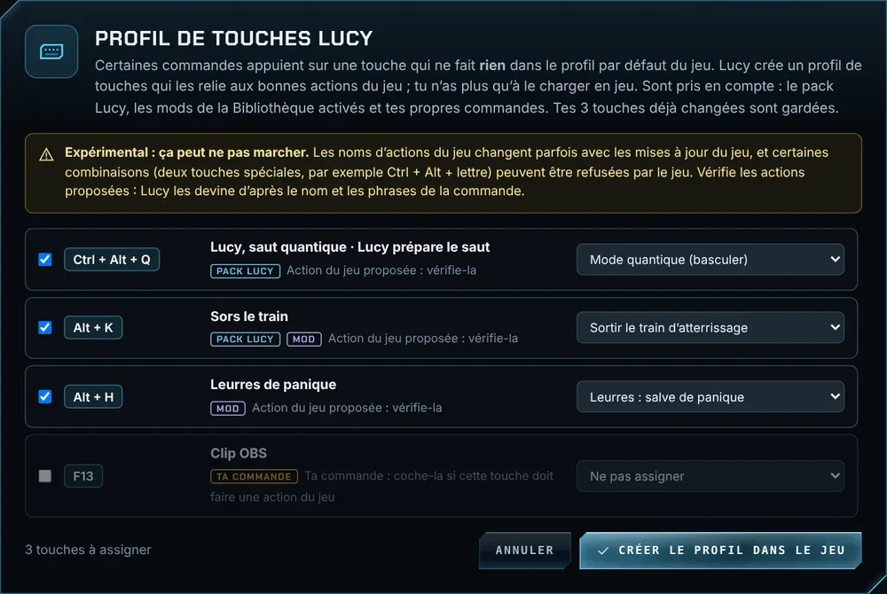 Le profil de touches Lucy : chaque commande reliée à une action du jeu