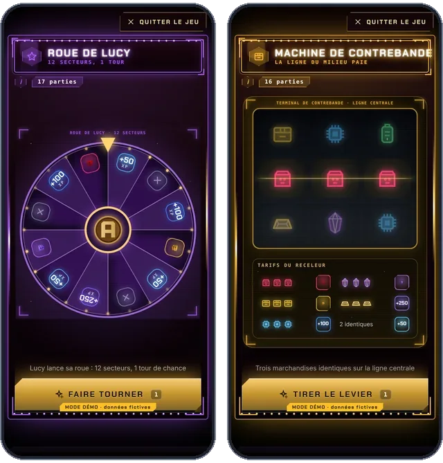 Appli mobile : roue de Lucy et machine de contrebande