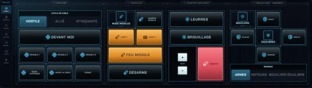 Un profil de panneau tactile sur Xeneon Edge : ciblage, missiles, contre-mesures, boucliers