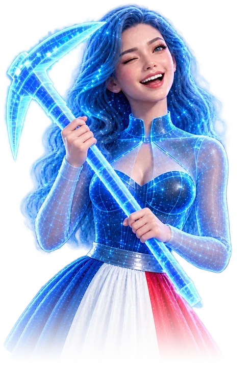 Lucy avec une pioche holographique