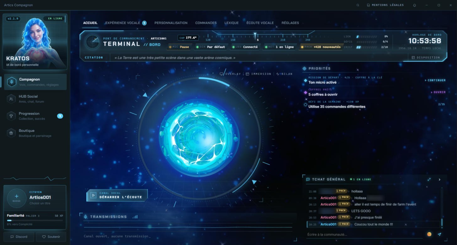 Page d'accueil d'Artics Compagnon : l'orbe, les priorités du jour et le tchat de la communauté